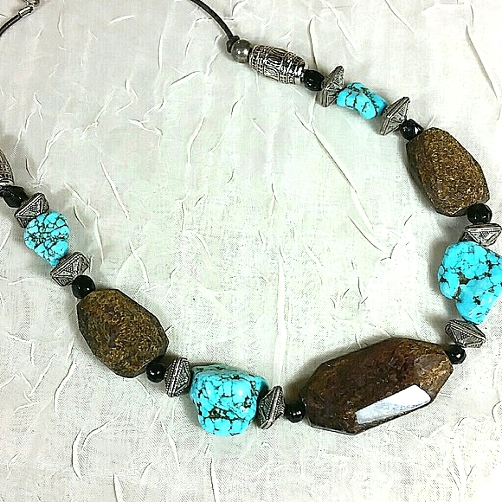 16" - 18" adj Necklace Genuine Stone Bead Leather brown blue silver spacer NEW - Picture 2 of 5
